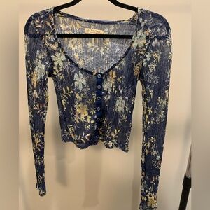 We The Free Blue Cream Fitted & Sheer Long Sleeve Blouse